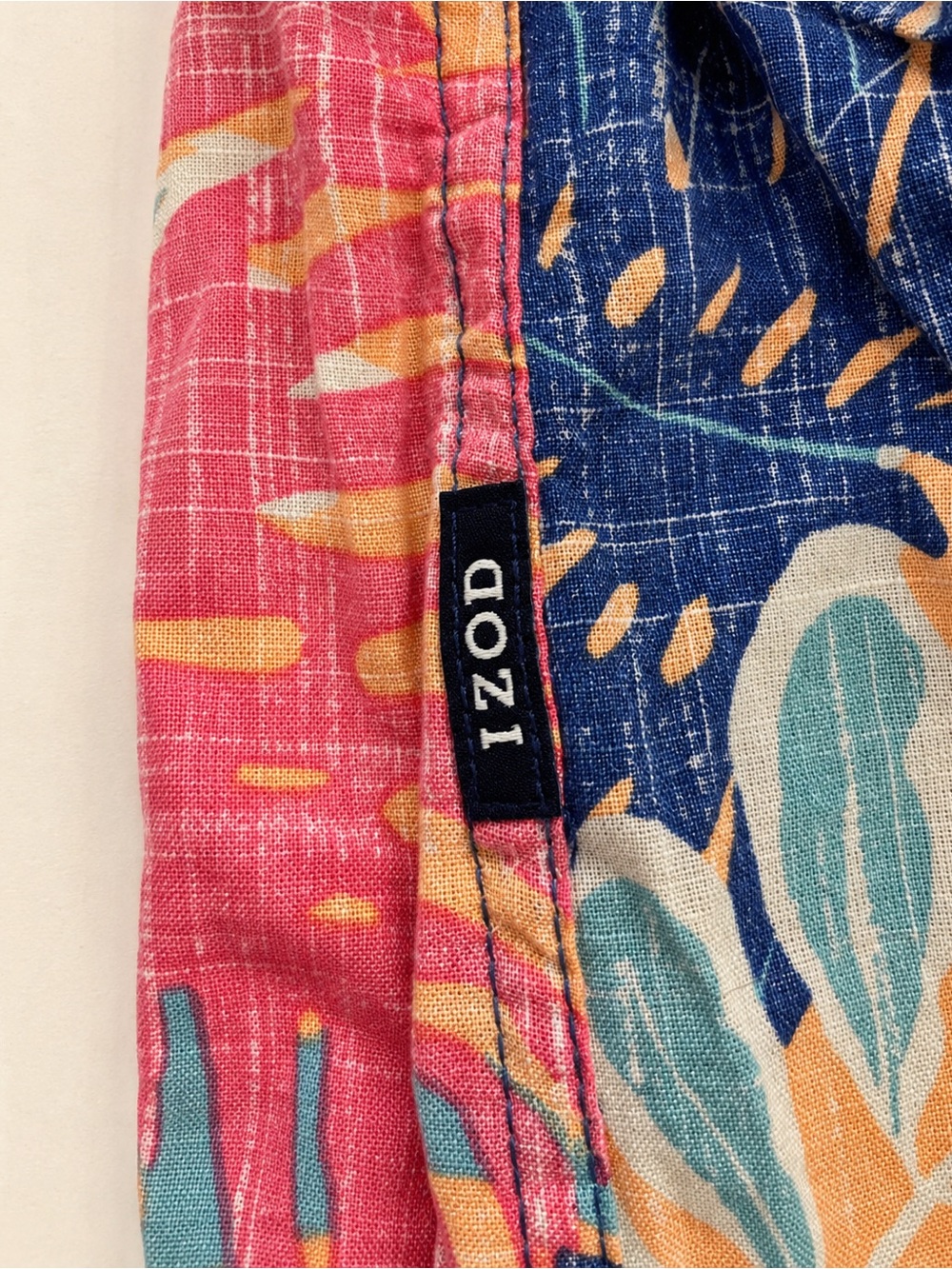 Izod Men's Short-Sleeve Tropical Button-Up in Blue, Pink & Tan - Picture 4 of 5
